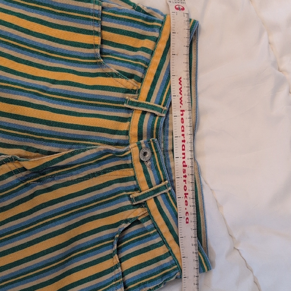 Original Au Coton Vintage Striped Green, Blue, Yellow High Waisted Denim Shorts - Picture 3 of 5